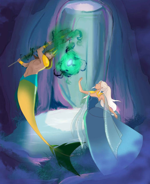 Ilustración de una sirena y una princesa bajo el mar. La sirena tiene una cola verde brillante y cabello largo y ondulado. La princesa lleva un vestido azul y una corona dorada. Ambas sonríen y se miran a los ojos.